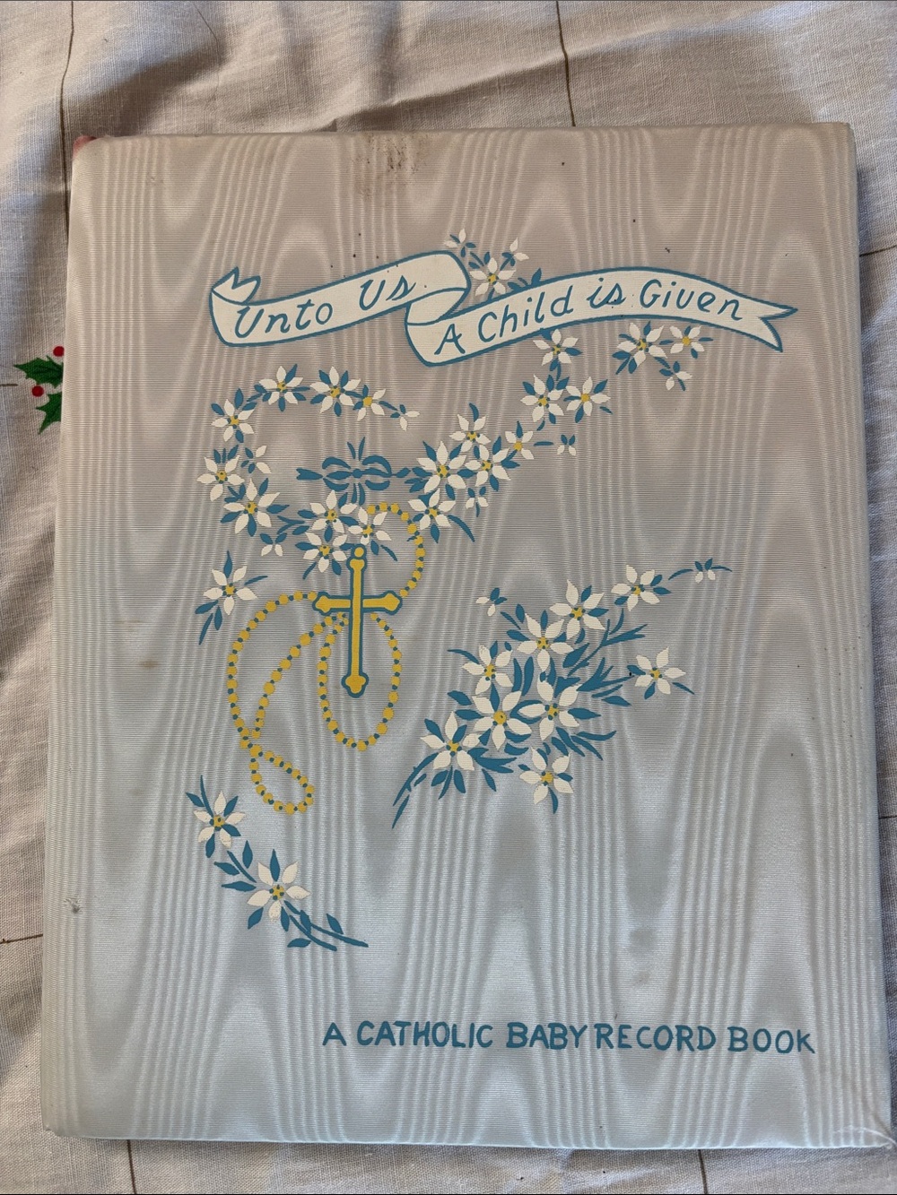 A Catholic Baby Record Book - Cream and Blue Religious Keepsake